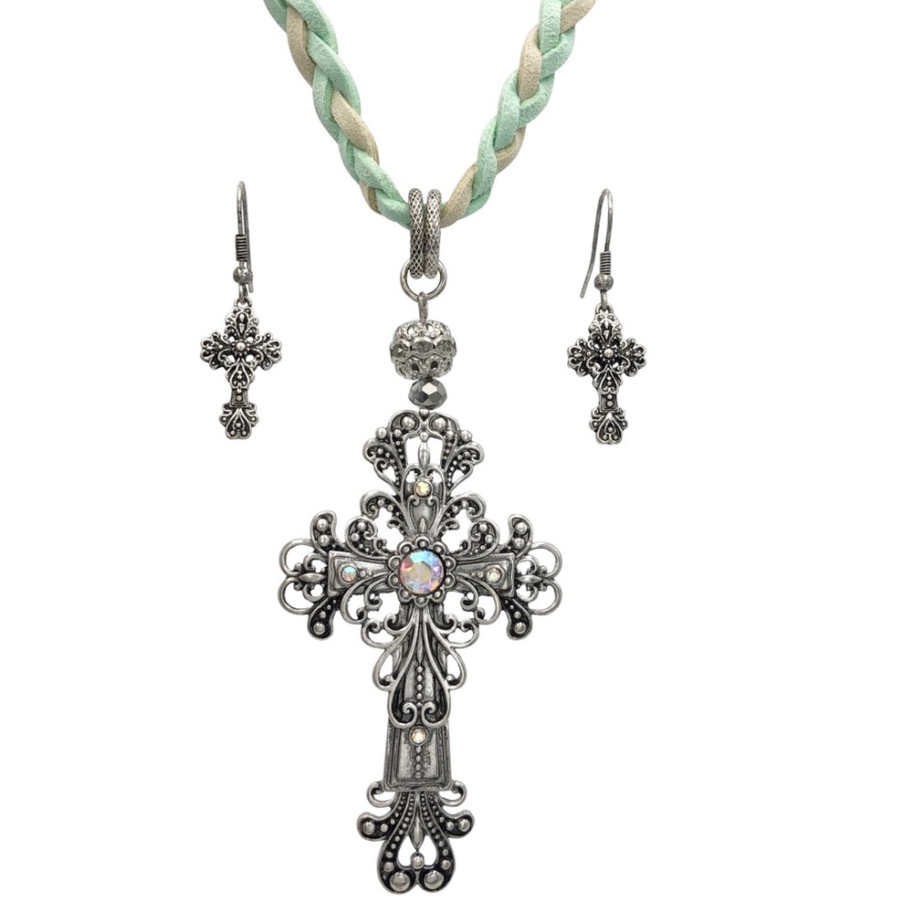 Large Cross Braided Cord Necklace Earrings Set